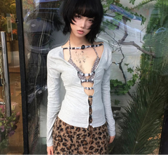 BXOXO Japanese Y2k Hollow Out T-shirt 2000s Aesthetics Long Sleeve Beaded Tops Vintage Harajuku Sexy Streetwear American Retro
