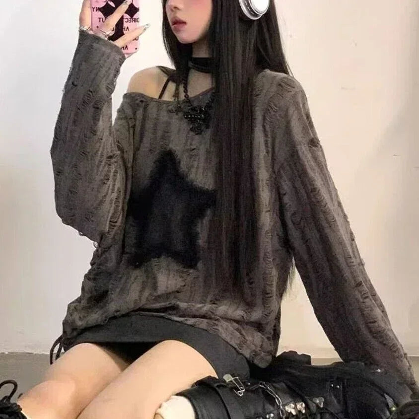 BXOXO Grunge Hole T-shirt Women Fashion Star Print Y2k Aesthetic Loose Tees Kpop Fairycore Ripped Tshirt Harajuku Gothic Streetwear