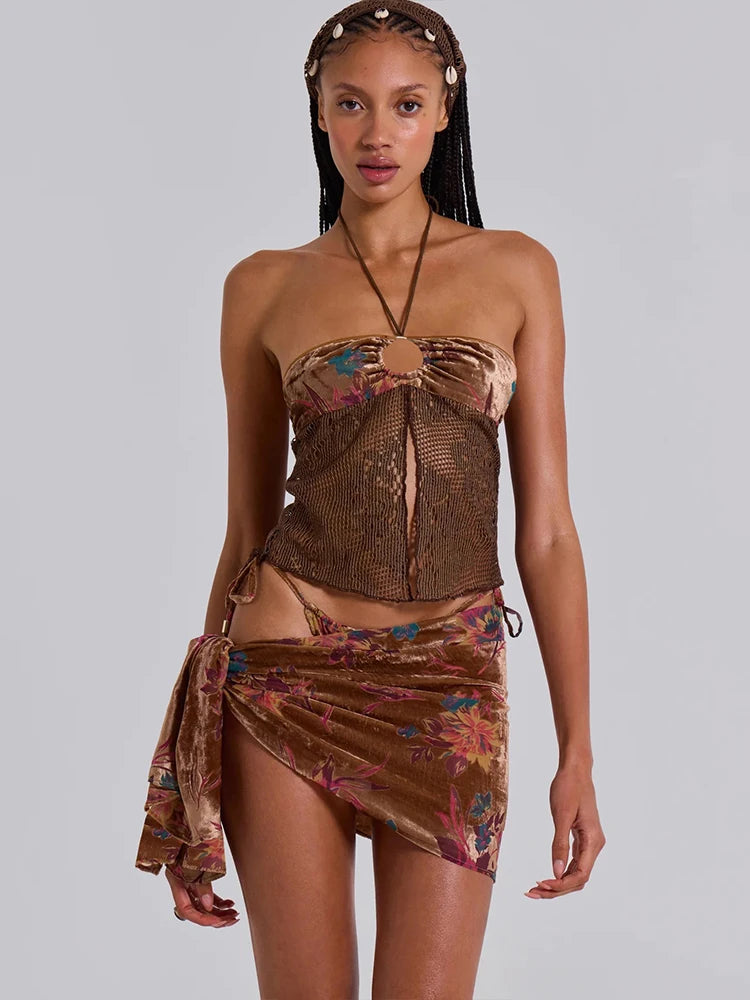 BXOXO Fashion 3 Piece Set Women Flower Print Mesh Patchwork Camisole+Lace-up Briefs+Ruched Knot Skirts Beach Style Outfits