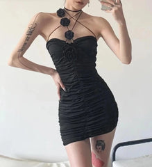 BXOXO Black Mysterious Sexy Mature Party Intellectual Feminine Rose Decorative Folds Charming Tight Women's Tube Top Dress