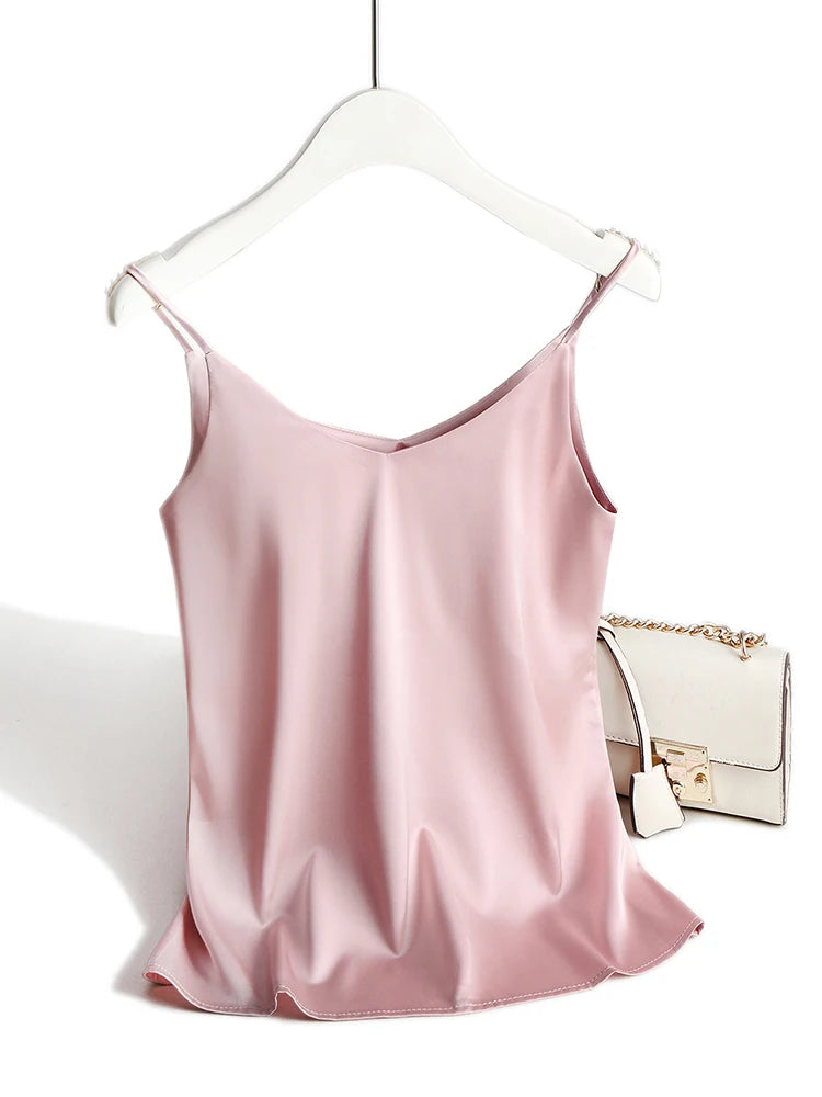 Bxoxo Spaghetti Strap Top Women Halter V Neck Basic White Cami Sleeveless Satin Silk Tank Tops Women'S Summer Camisole