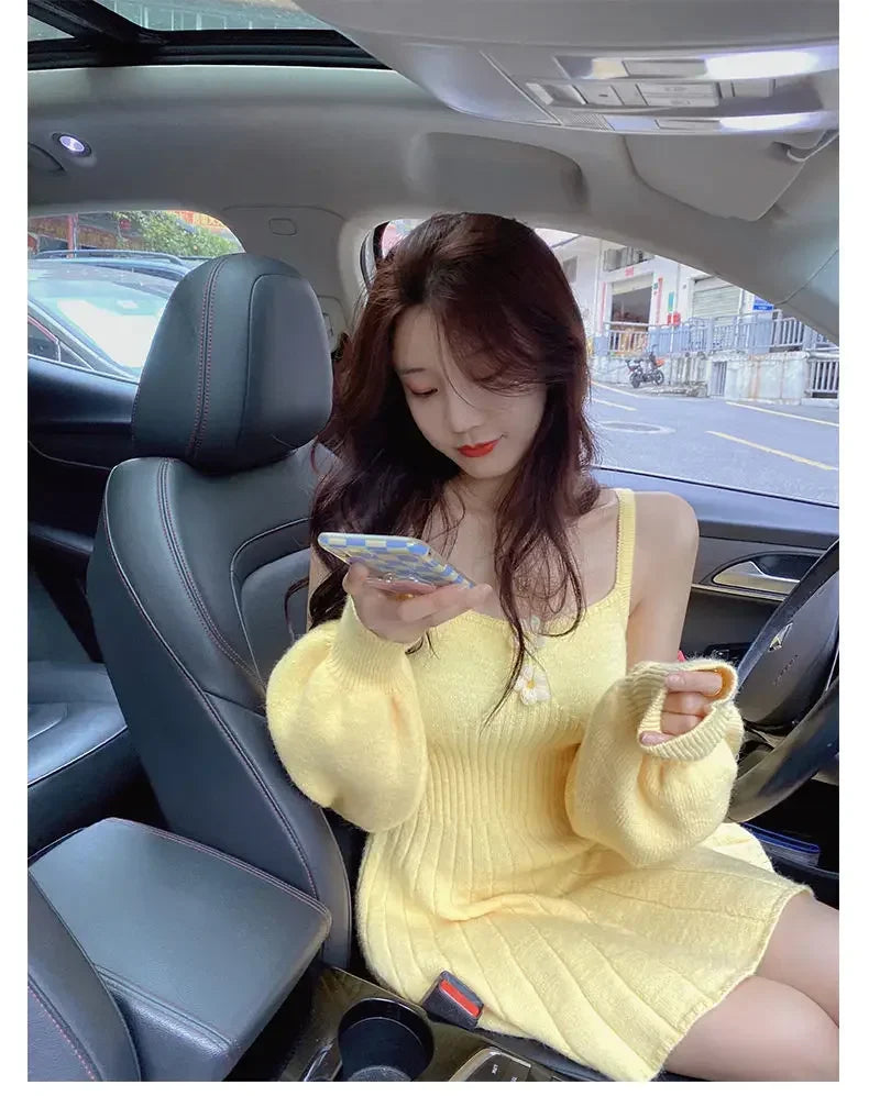 Bxoxo  Korean Autumn Winter Sweet Knitted Two Piece Dress Set Women Strap +Casual Coat Dress Set Style Solid Dress Suit