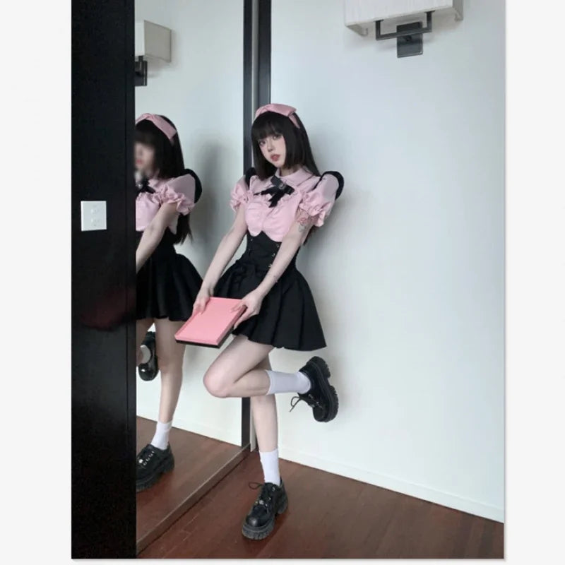 BXOXO 2024 Black Japanese Kawaii High Waist Mini Suspender Skirt Y2k Aesthetic Sweet Women Solid Streetwear Gothic Jk Sling Skirt