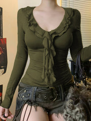 BXOXO Solid Slim Fit Ruffles Ribbons Simple T-Shirt Long Sleeve High Fashion Spring Summer New Women Clothing