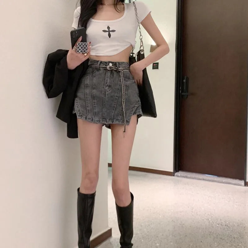 Bxoxo Summer New Irregular Denim Shorts Skirt Female Y2K Street Fashion High Waist Plus Size Slim Bag Hip Skirt Pants Exposed A Shorts