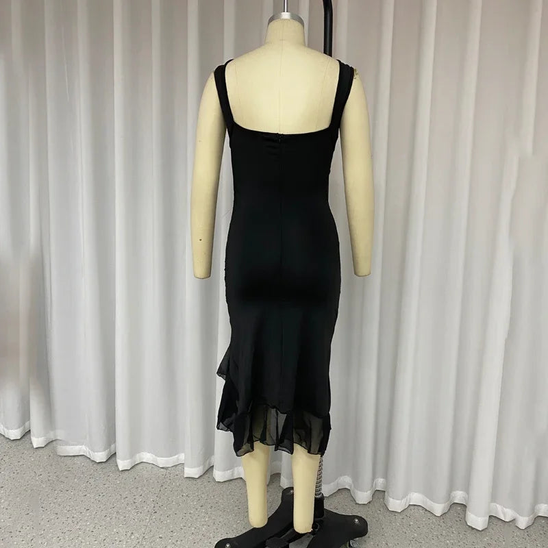 BXOXO Women Maxi Dress Summer Elegant Solid Sleeveless Nipped Waist Slim Backless Ruffled Irregular Party Dresses Streetwear