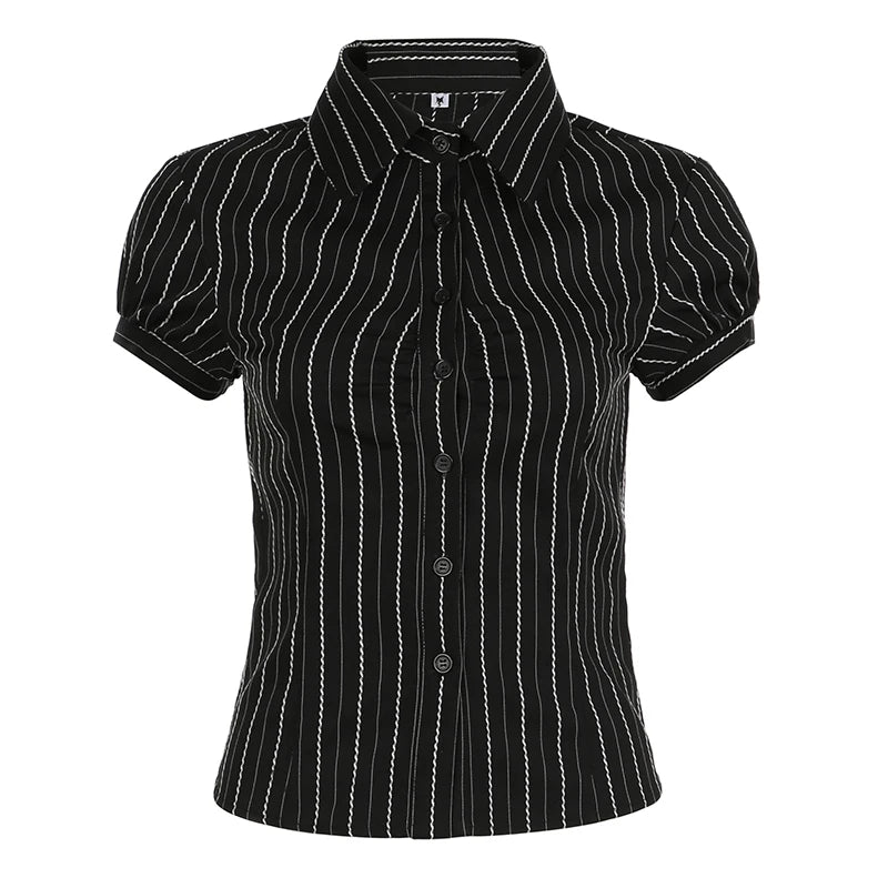 Bxoxo Y2k Aesthetics Pleated Shirt Fairycore Lace Up Blouse Trashy 2000s Style V-neck Shirt Irregular Japanese Harajuku 90sFashion Chic Stripe Slim Summer Blouse Women Tops Short Sleeve Buttons-Up Shirt Cardigan Y2K Aesthetic