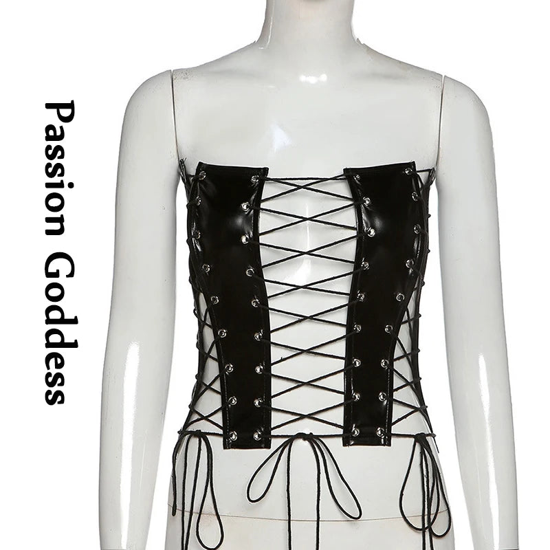 Bxoxo Sexy Gothic Women PU Leather Corsets Bustiers Lace-up Bandage Crown Girdle Slim Waist Back Zipper Strap Corset Tops Curve Shaper
