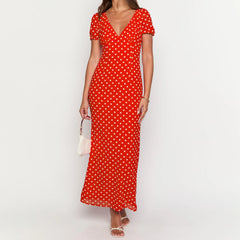 BXOXO Women Summer Slim Long Dress Fashion Red Short Sleeve Deep V Neck Dot Print Party Dresses Holiday Beachwear