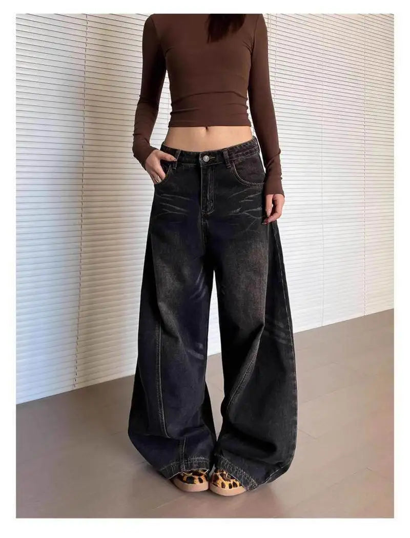 Bxoxo Vintage Washed Black Women's Jeans Wide Leg American Style High Waist Baggy Denim Pants Casual Straight Trousers New