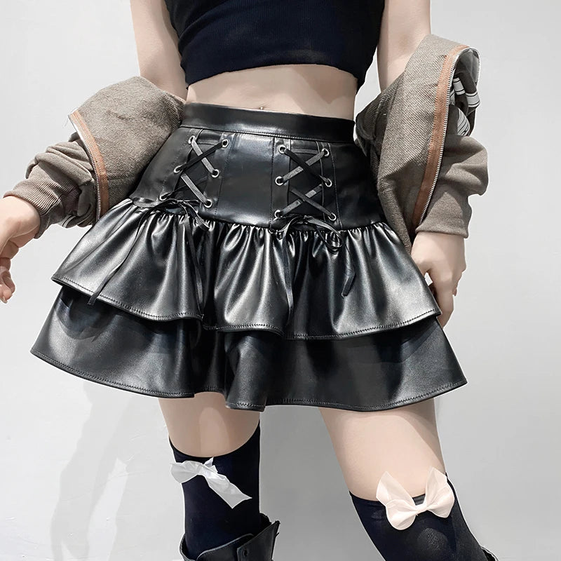 Bxoxo PU Leather Mini Skirts Punk Style High Waist Lace Up Bandage Black Pleated Skirt Streetwear Girls Dark Academia Clothes