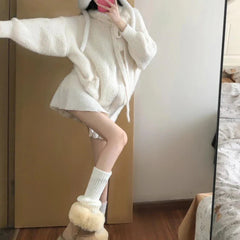 BXOXO Kawaii Sweet Knitted Cardigan Women Elegant Zip Up Hooded Cardigan Cute Japanese Style Solid Autumn Winter Sweater Coat