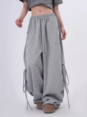 Bxoxo Streetwear Gray Sweatpants Women Low Waist Loose Harajuku Pockets Pants American Casual Hip Hop Lace Up Oversize Bf Trousers New