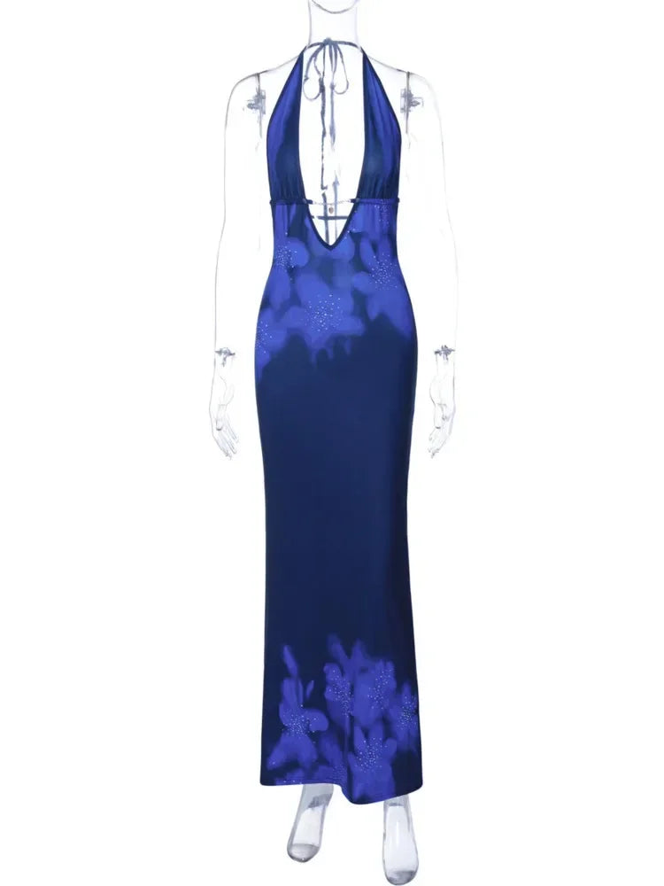 BXOXO Floral Print Backless Sexy Maxi Dress for Women Fashion Deep V Neck Sleeveless Bodycon Back Slit Evening Long Dress
