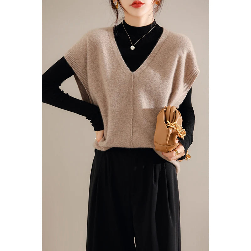Bxoxo Cashmere Vest Ladies New 100%Pure Wool Knit Waistcoat Spring V-Neck Large Size Sweater Wild Sleeveless Vest Solid Loose Top