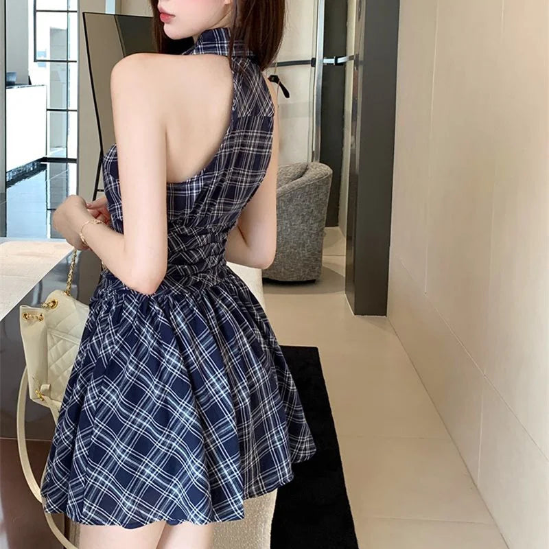 BXOXO Women Summer Plaid Sleeveless Mini Shirt Dress