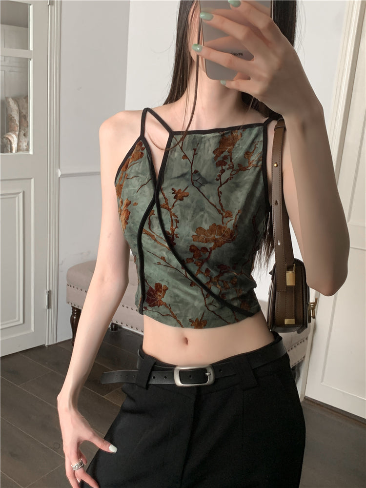 Bxoxo Flocking Floral Vintage Crop Cami Top For Women 2024 Sleeveless Flower Green Tops Designer Clothes Luxury