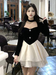 BXOXO DRESS TO IMPRESS Y2K Mini Princess Dress Women Velvet Patchwork Layered Ruffles A-Line Autumn Spring Elegant Vintage Evening Party Vestidos Mujer