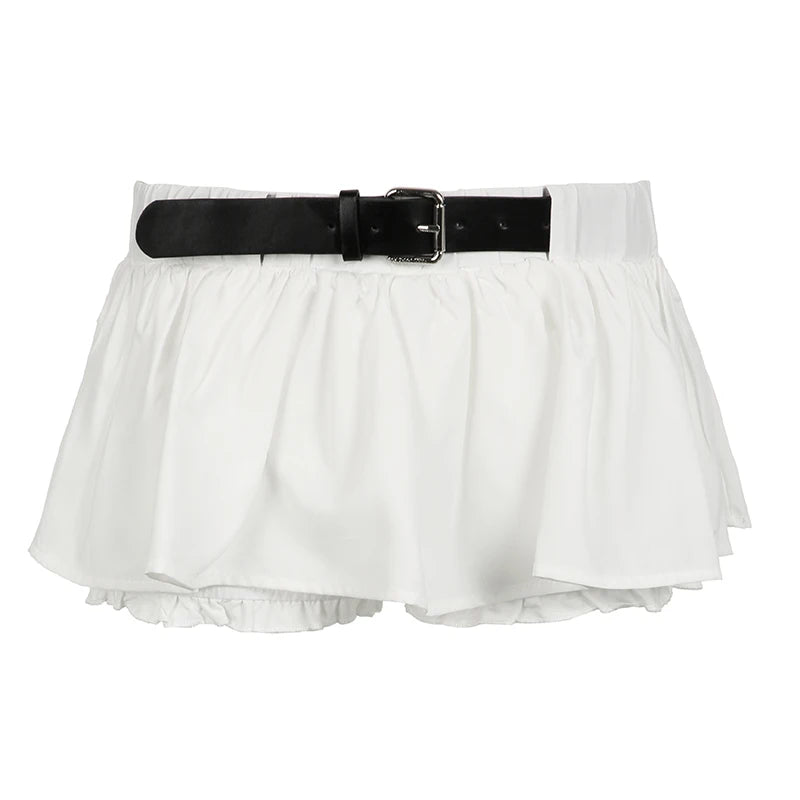 BXOXO Summer Low Rise Pleated Skirt with Shorts Korean Style Belt Patchwork Miniskirt for Women y2k Streetwear Ladies Clothing