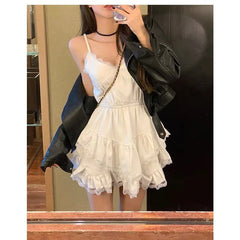 BXOXO Irregular Lace Patchwork Camisole Dresses 2025 Summer New V-neck Dress for Women Y2k E-Girl Slim Waist Ruched Vestidos Mujer
