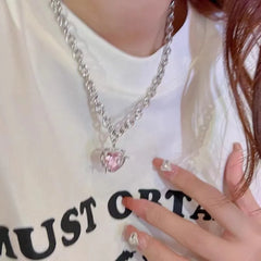 BXOXO Y2K Accessories Fashion Peach Heart Water Drop Pendant Necklace Pink Crystal Egirl Sweet Cool Clavicle Chain Aesthetic Jewelry