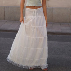 Bxoxo Lace Trim Front Tie Up Square Neck Crop Tops + French Low Waist Lace Hem Long Skirt Summer Vacation 2 Piece Dress Set