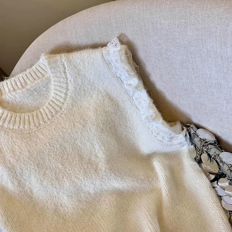 Bxoxo Lace Patchwork Sweet Sweater Vest Women Vintage O Neck Casual Knitted Tops Korean Preppy Style Lady Lazy Wing Cute Vest New