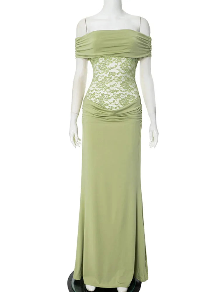 BXOXO  Off-shoulder Strapless Sexy Maxi Dress For Women Green Lace Sheer Sleeveless Backless Bodycon Club Party Long Dress