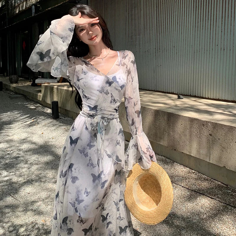 BXOXO Spring Autumn Vintage Gray Long Sleeve Butterfly Bandage Dress For Women French Bohemian Elegant V Neck Backless Dress Robe