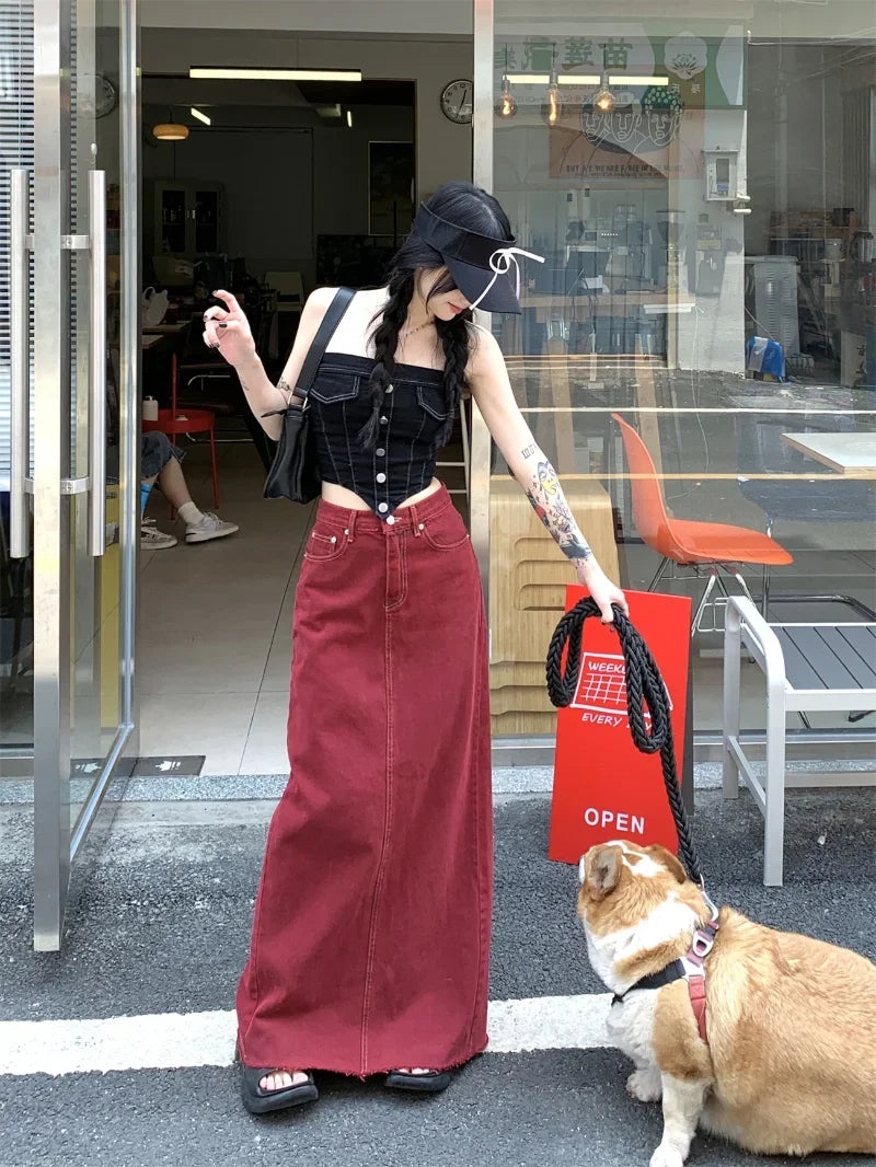 BXOXO Women's Red Split Back Denim Skirt Summer Chic Design Street Style Solid Color Female Straight Floor Length Long Skirts