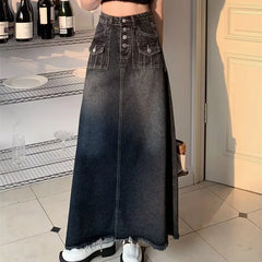 Bxoxo New Streetwear Denim Skirt Spring Summer Fashion Frayed Hem Pocket High Waist Long Jeans Skirt Loose Plus Size Skirt S-5XL