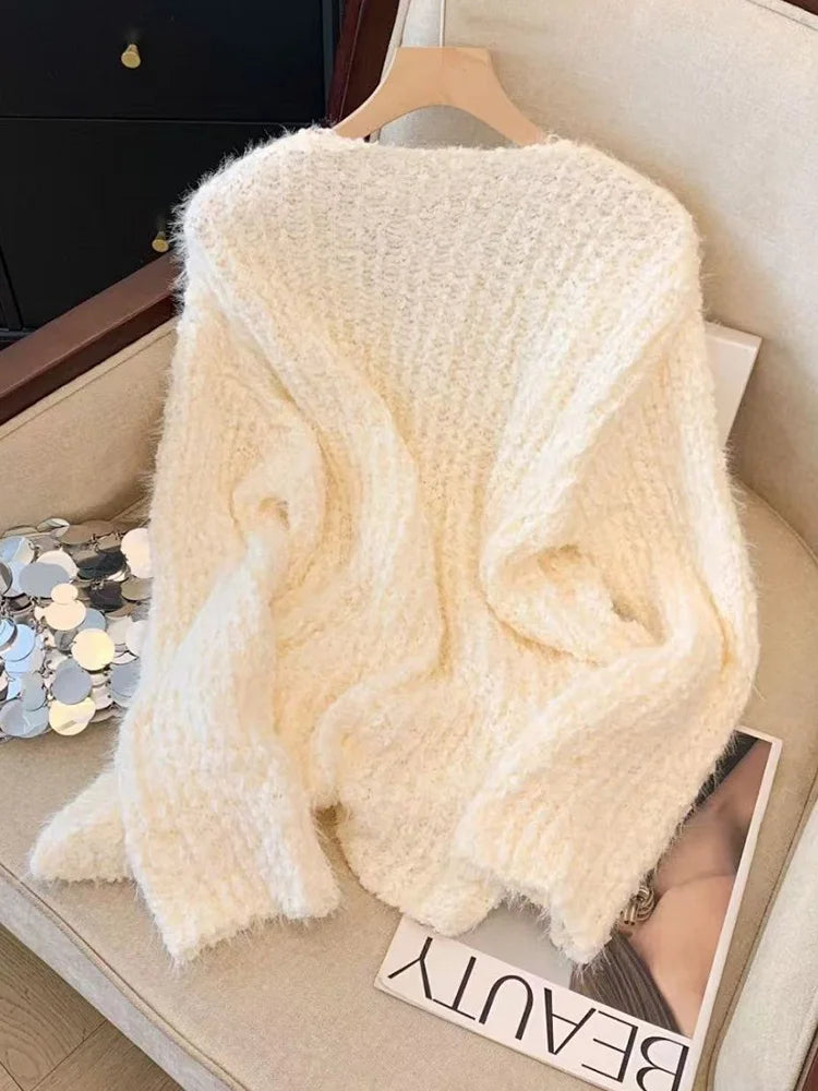 Bxoxo Pink Sweet Knitted Sweaters Women Fashion Lazy Wind Diamond Elegant Jumper Korean Chic Long Sleeve Loose Fall Winter Pullovers