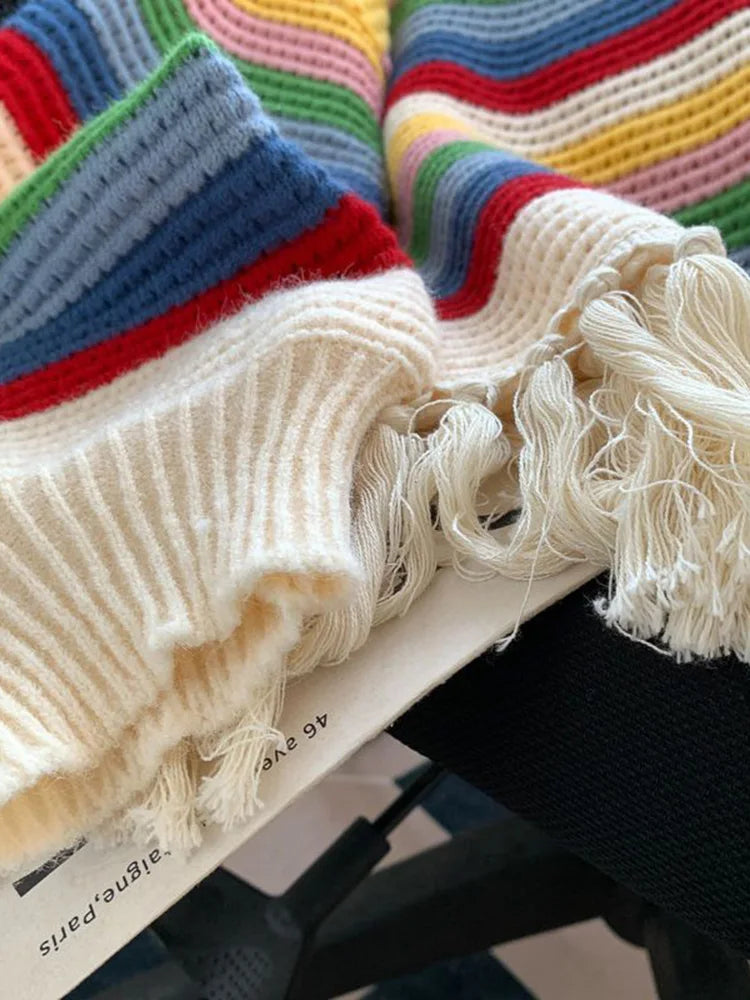 Bxoxo Sweet Rainbow Tassel Sweaters Women Vintage Cute Loose Long Sleeve Knitted Jumper Casual Retro O Neck Lady Hollow Out Pullovers