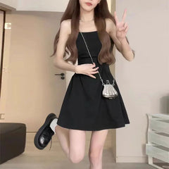 Women Summer Dress French Style Sleeveless Black Camisole Dress for Women Hepburn Style Little Black Mini Dress Slim