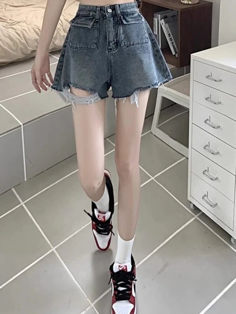 BXOXO Ins Lady High Waist Denim Wide Leg Shorts Girls Trashy Y2k 2000s Short Ripped Pants Female Blue Korean Loose Hot Jeans Plus Size