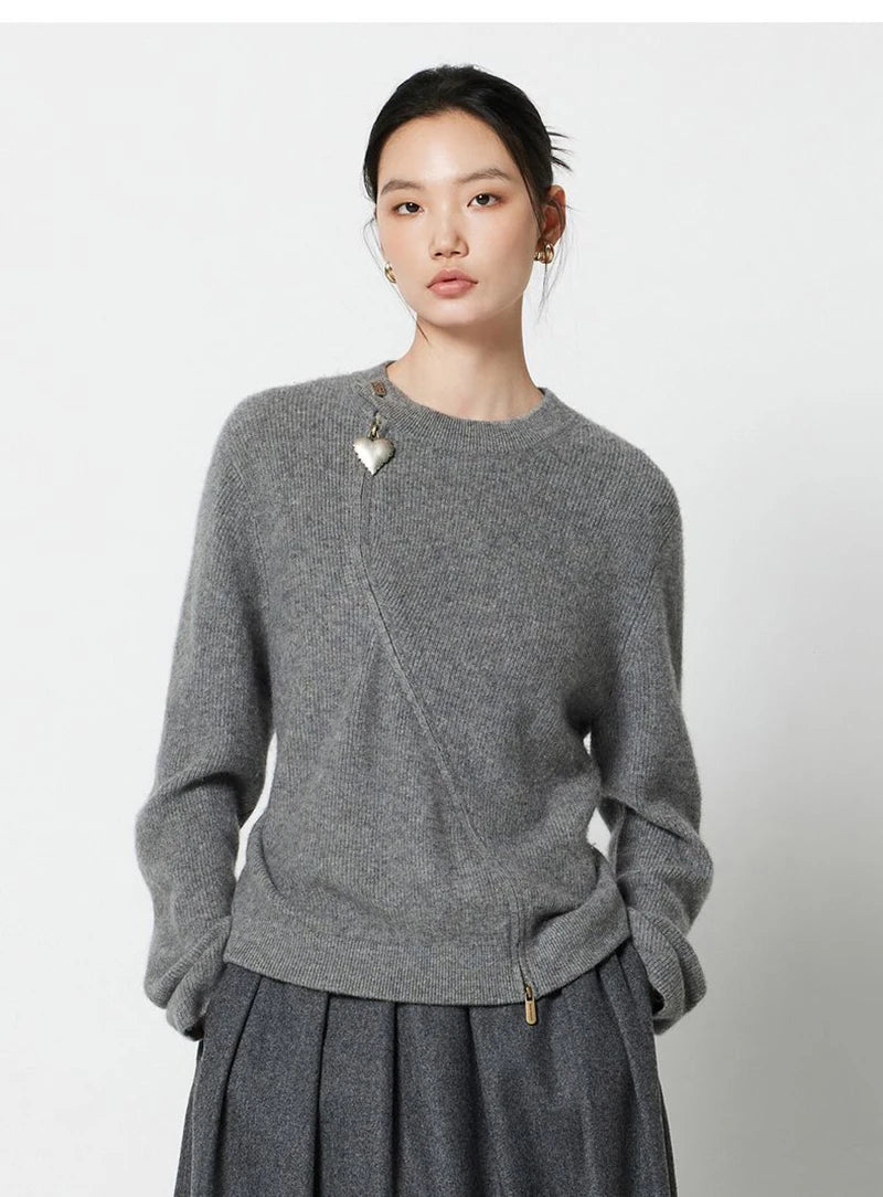 Bxoxo Streetwear Gray Sweaters Women Long Sleeve Vintage O Neck Love Zipper Knitted Cardigan Casual Retro Korean Female Tops Fall