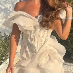 BXOXO  Elegent Layered Ruffle Edge Mini Dresses Women Sexy Boat Neck Sleeveless Backless Solid Dress Summer Lady Vacation Vestidos