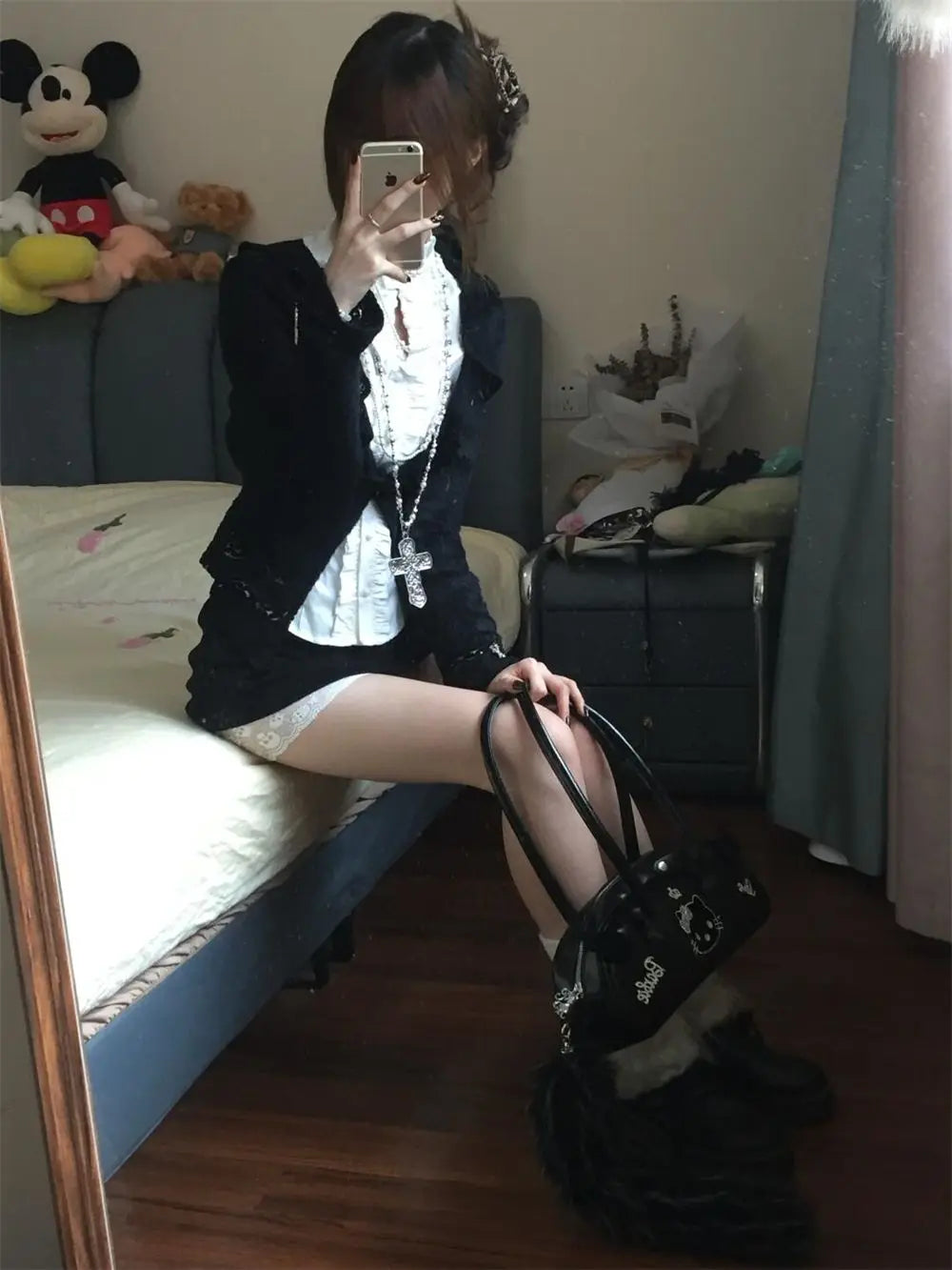 BXOXO Goth Women Two Pieces Set Hot girl Punk Y2k Cross Lace Slim Cardigan 2000s Harajuku Short Skirt Hollowed Out Butterfly Sleeve