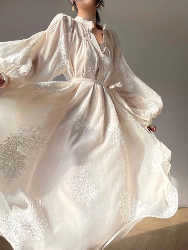 Bxoxo Women France Vintage Embroidery Midi Dress 2025 Spring Autumn Elegant Lantern Sleeve New V Neck Lace Up Vestidos Korean Clothes