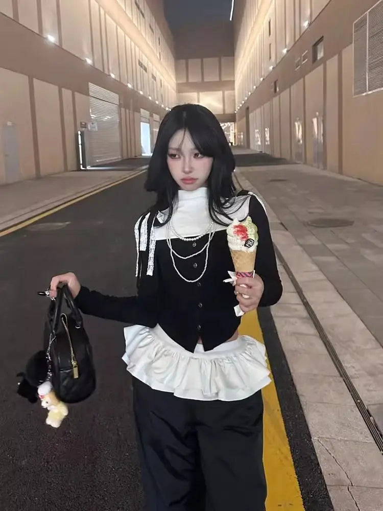 Bxoxo Y2k Black Vintage Women Skirt Pants Kawaii Patchwork Harajuku Korean Style Sweatpants Wide Leg Baggy Trousers Youthful
