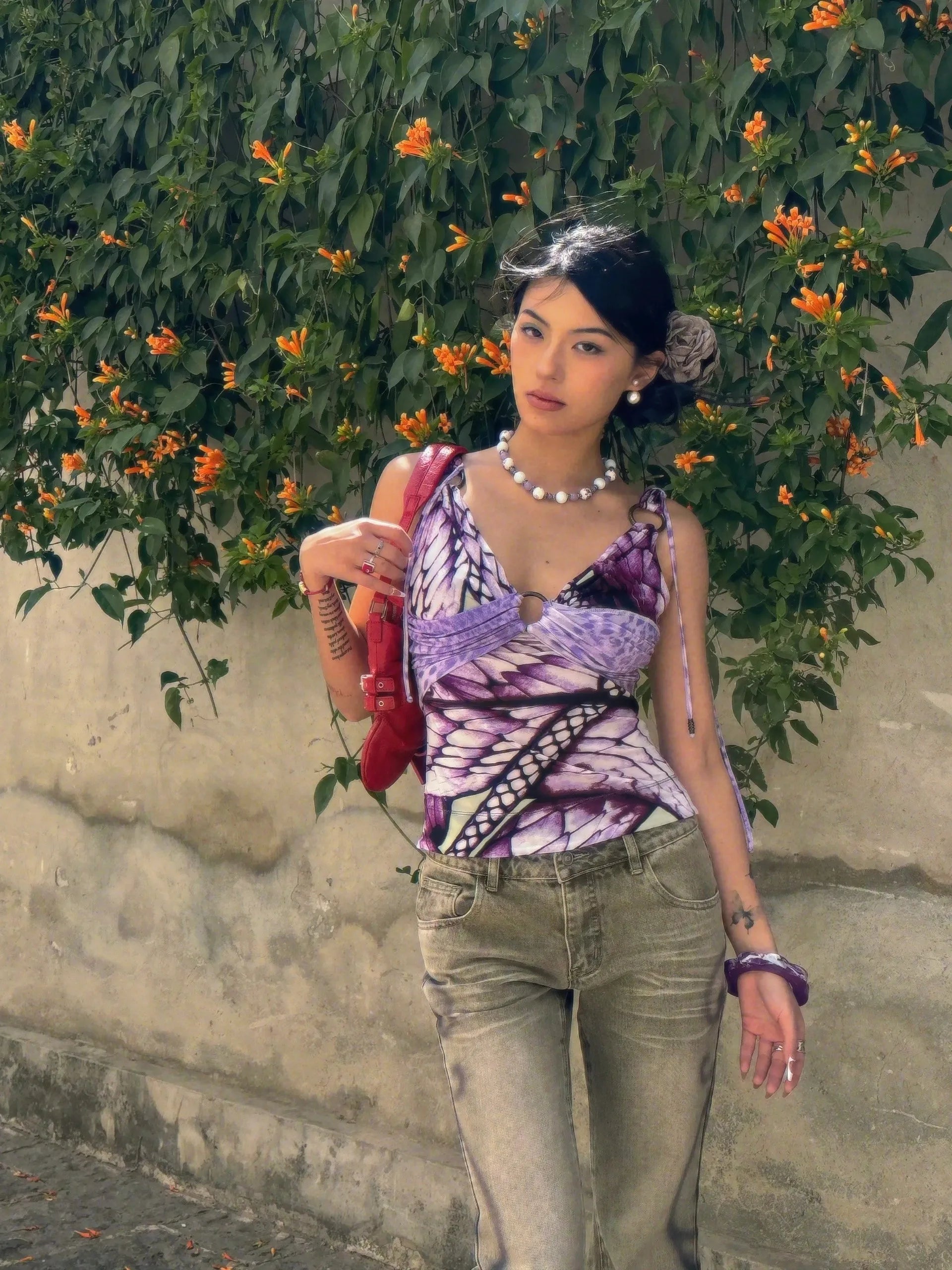 Bxoxo Japanese Y2k Purple Camisole Trashy 2000s V-neck Tank Top Grunge Aesthetics Backless Crop Top Vintage Harajuku Camis Top