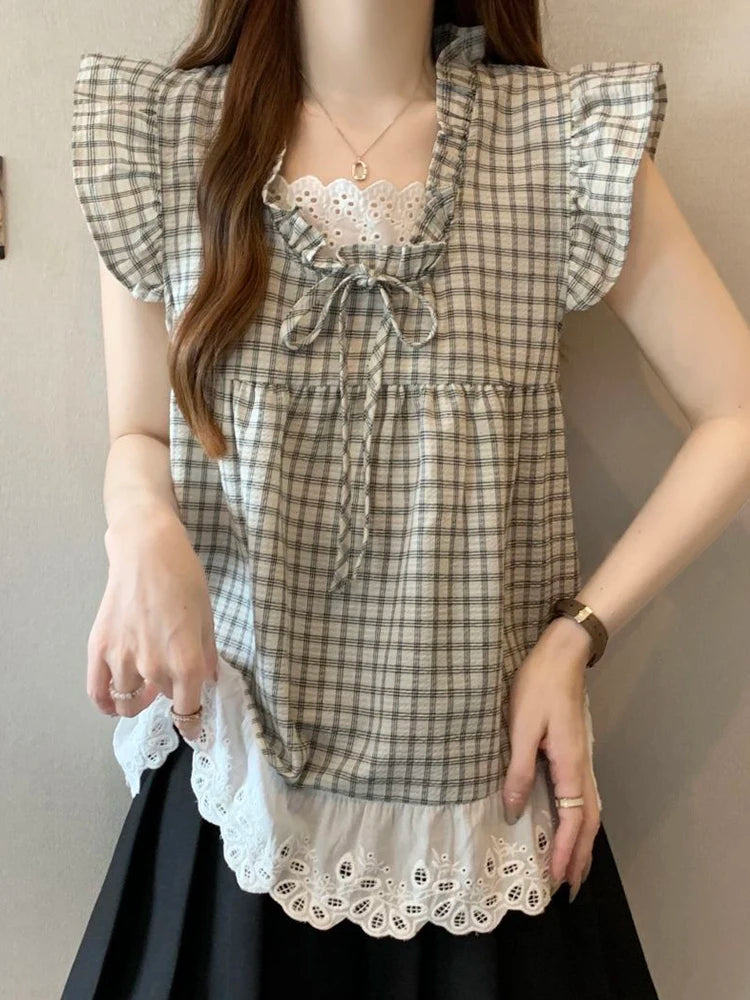 BXOXO Lace Patchwork Plaid Shirt Women Casual Loose Flying Sleeve Vintage Blouse Preppy Style Sweet Korean Lady Retro Summer Tops