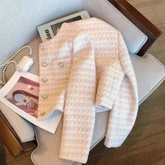 Bxoxo Vintage Tweed Women Coats Korean Elegant Hepburn Style O Neck Jacket Y2K Autumn Office Lady Pearl Button All Match Crop Outwear