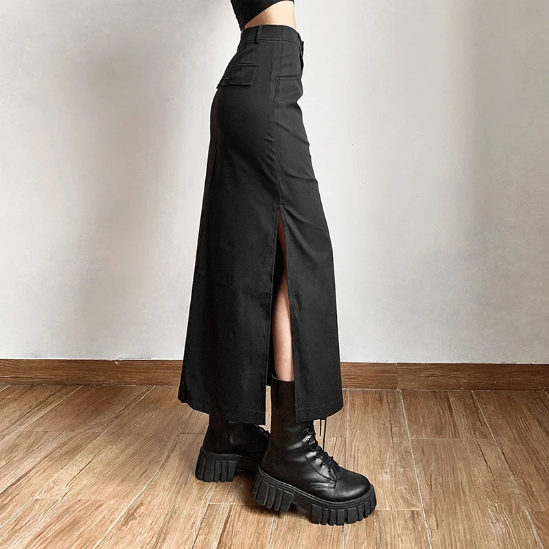 Bxoxo Goth Dark Elegant Mall Gothic Trumpet Women Midi Skirts Grunge High Waist Split Sexy Club Long Skirt Slim Party Streetwear