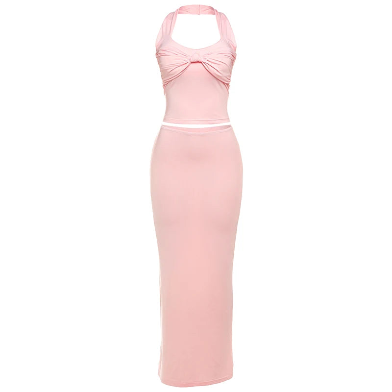 BXOXO Sexy Women 2 Piece Set Halter Solid Pleated Knot Backless Y2K Tank Tops+Skirts Vacation Party Elegant Matching Suits