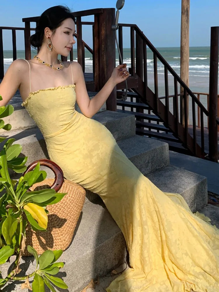 Bxoxo Women's Sexy Bodycon Party Dress Elegant Summer Yellow Lace-up Evening Spaghetti Strap Dresses 2025 New Chic Beach Holiday Robe