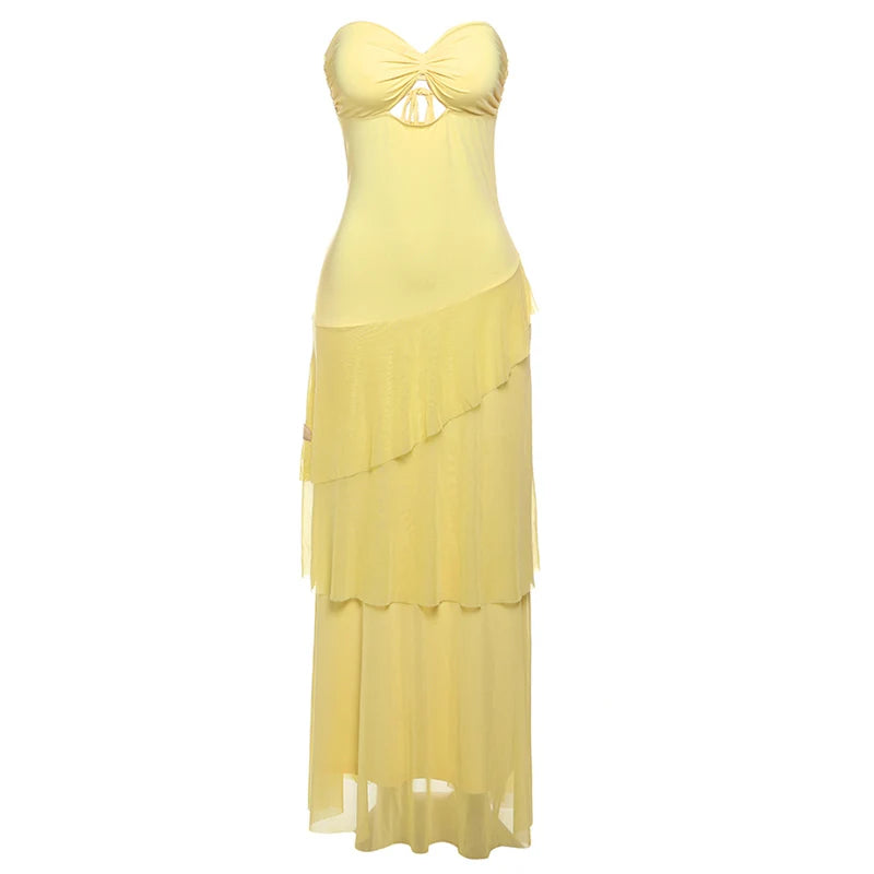 BXOXO Fashion Sexy Backless Strapless Maxi Dress Women Ruched Elegant Mesh Patchwork Ruched Ruffles Vacation Street Outfits