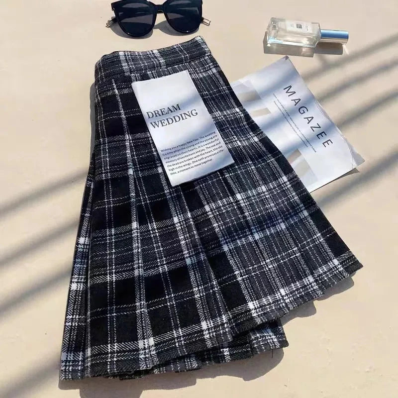 Bxoxo Plaid Woolen Pleated Skirts for Women Fall Winter High Waist Preppy Warm Mini Skirts Lady Fashion Korean All-Match A Line Skirts
