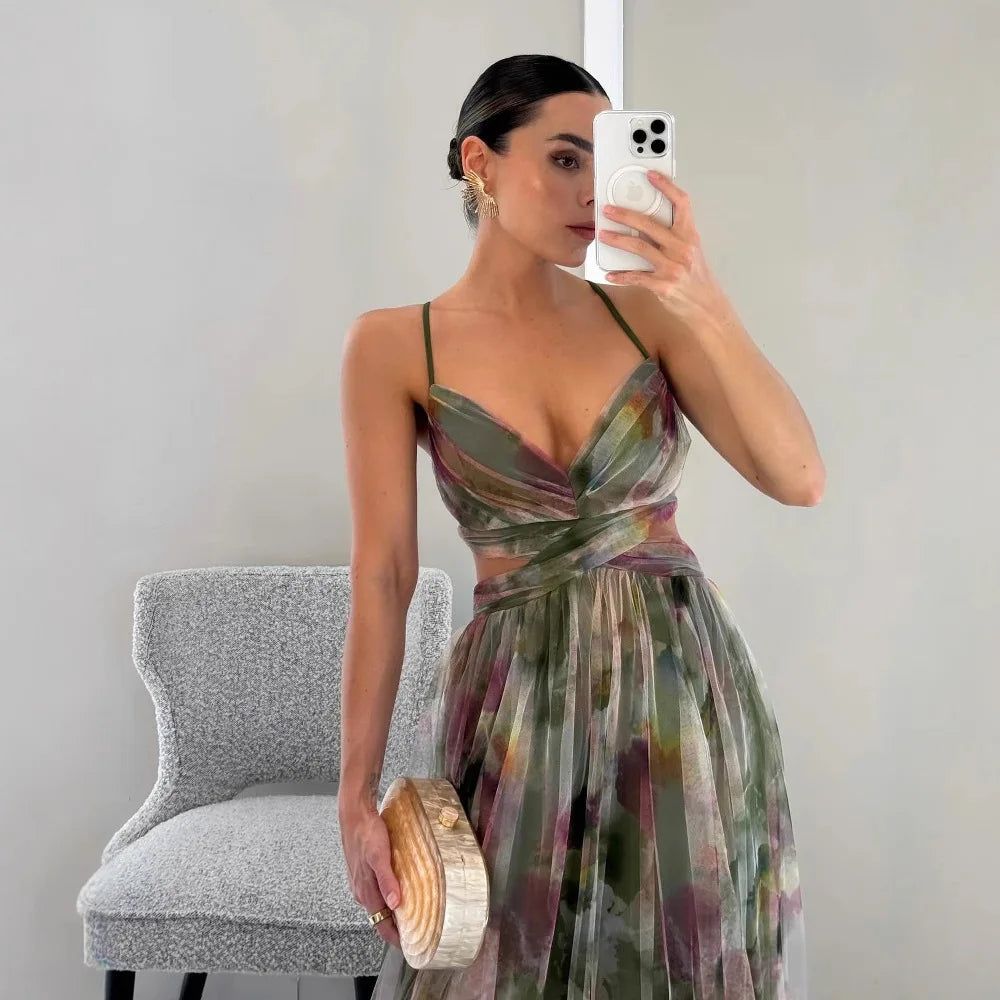 BXOXO  V-Neck Sexy Hollow Out Party Dress, Women Summer Loungewear Fashion Printing Maxi Dress, Sleeveless Lace-Up Ladies Dress Vestido