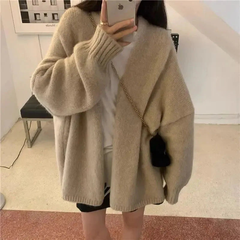 Bxoxo Autumn Warm Knitting Cardigan Sweater Women Korean Lazy Wind Soft All Match Cardigans Female Solid Loose Knitwear Coats